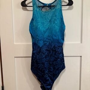 Vintage Delta Burke Blue Floral Ombré One-Piece Swimsuit